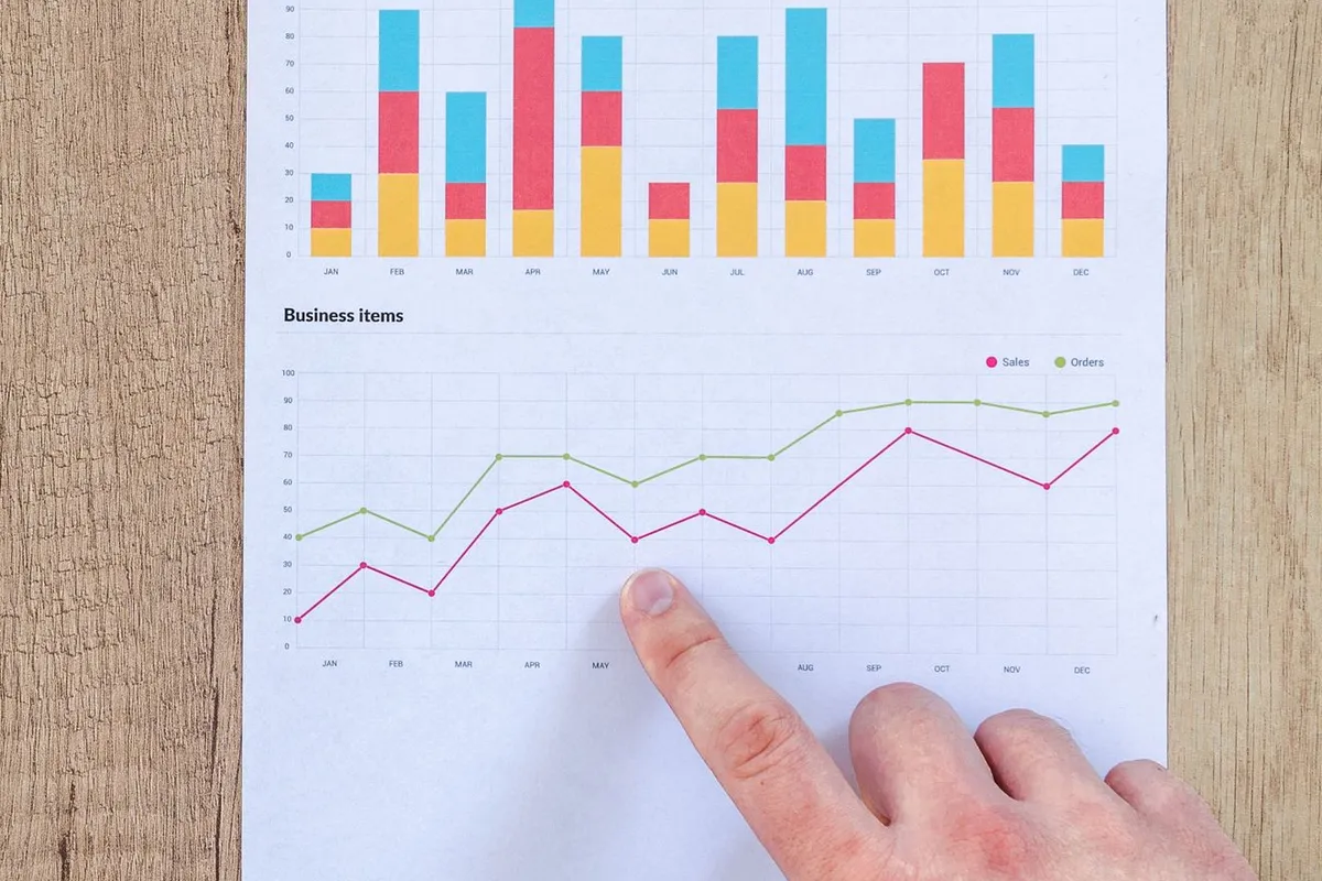 A finger points at a printed sales chart, the kind of month-by-month page that compares stores side by side.