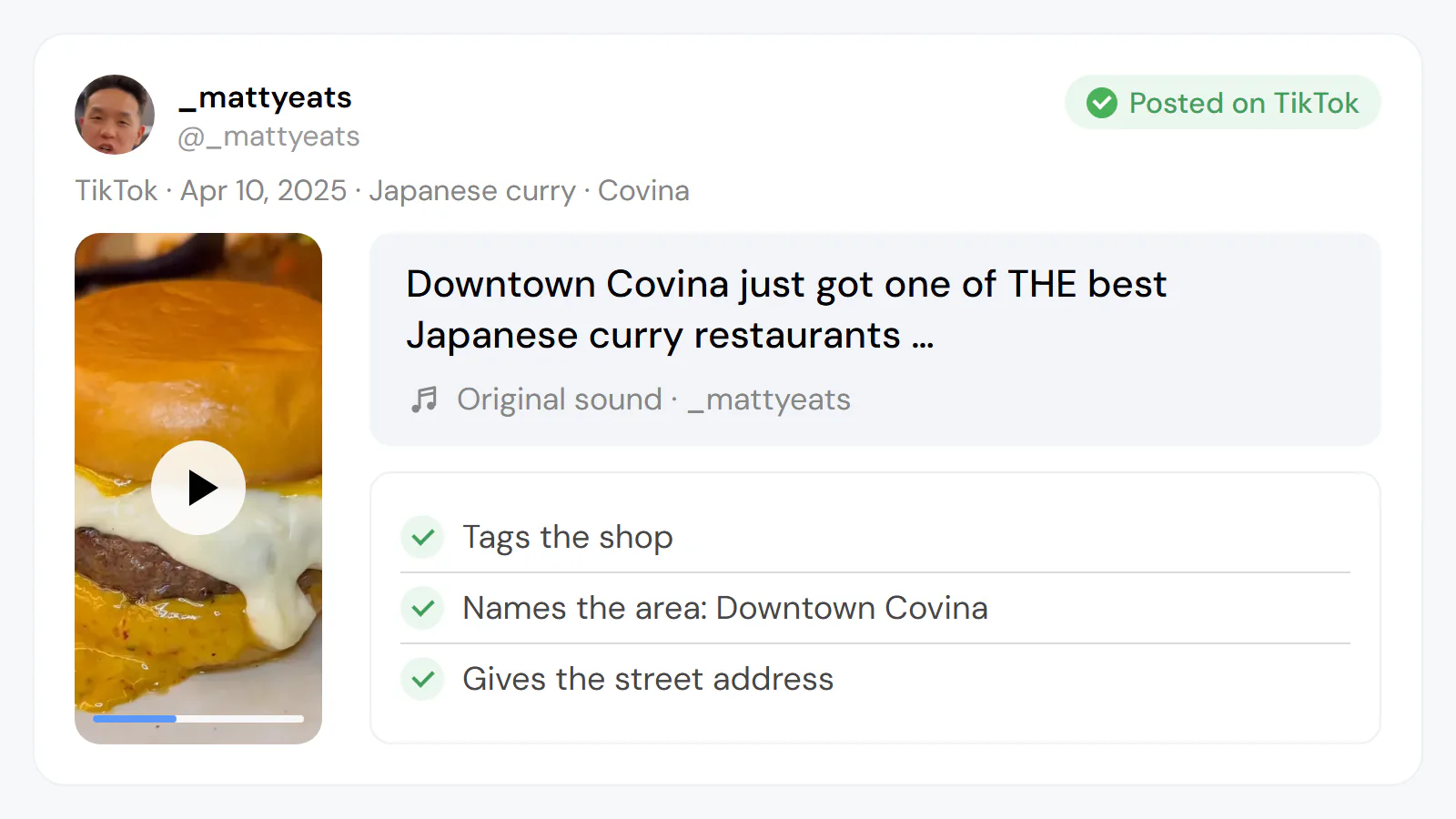 Real creator post: a food creator's own TikTok about a Japanese curry restaurant that had just opened in Downtown Covina, tagging the shop and naming the area, the kind of video young diners use to find a new place.