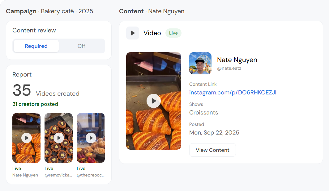 Một video KOL ở trạng thái Live, kèm link, nội dung video và ngày đăng. Bên cạnh là cài đặt Content review của chiến dịch, đặt ở Required, và số video trong báo cáo.